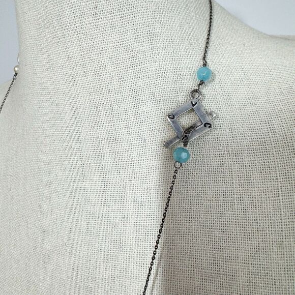 Sterling Silver Long Chain Necklace Stone Beads Bohemian Larimar Turquoise Pearl - Picture 8 of 8